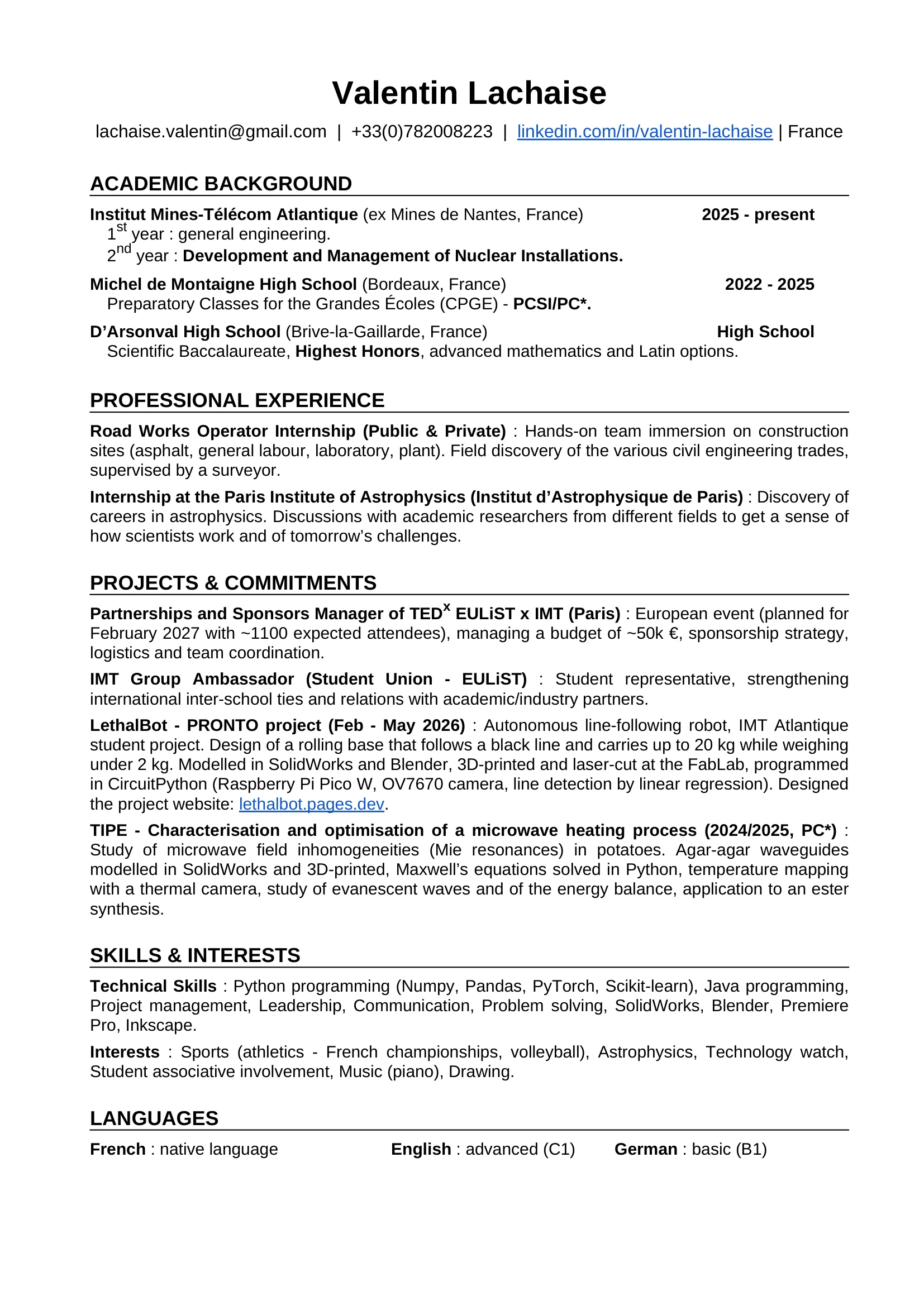 CV of Valentin Lachaise, one page