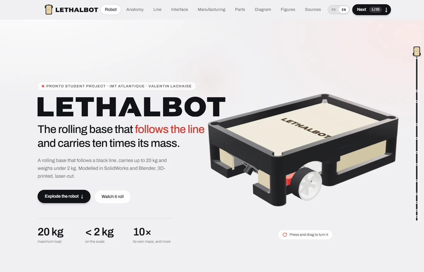 Home page of the LethalBot website with the 3D model of the robot