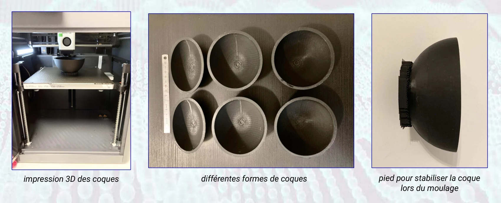 3D printing of the shells, shells of different shapes and a stabilising foot
